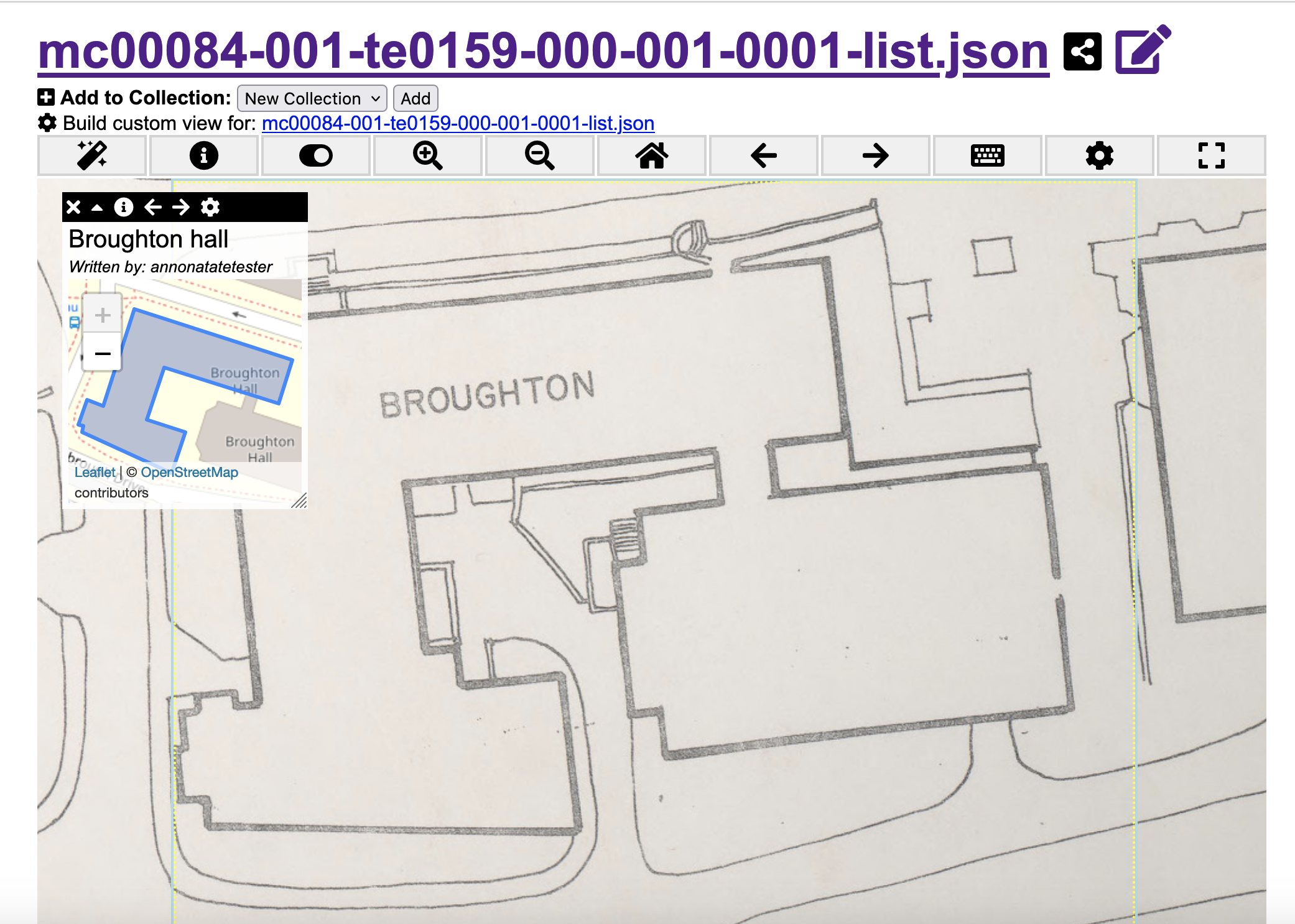 Image showing Broughton hall annotation over image section that was annotated.