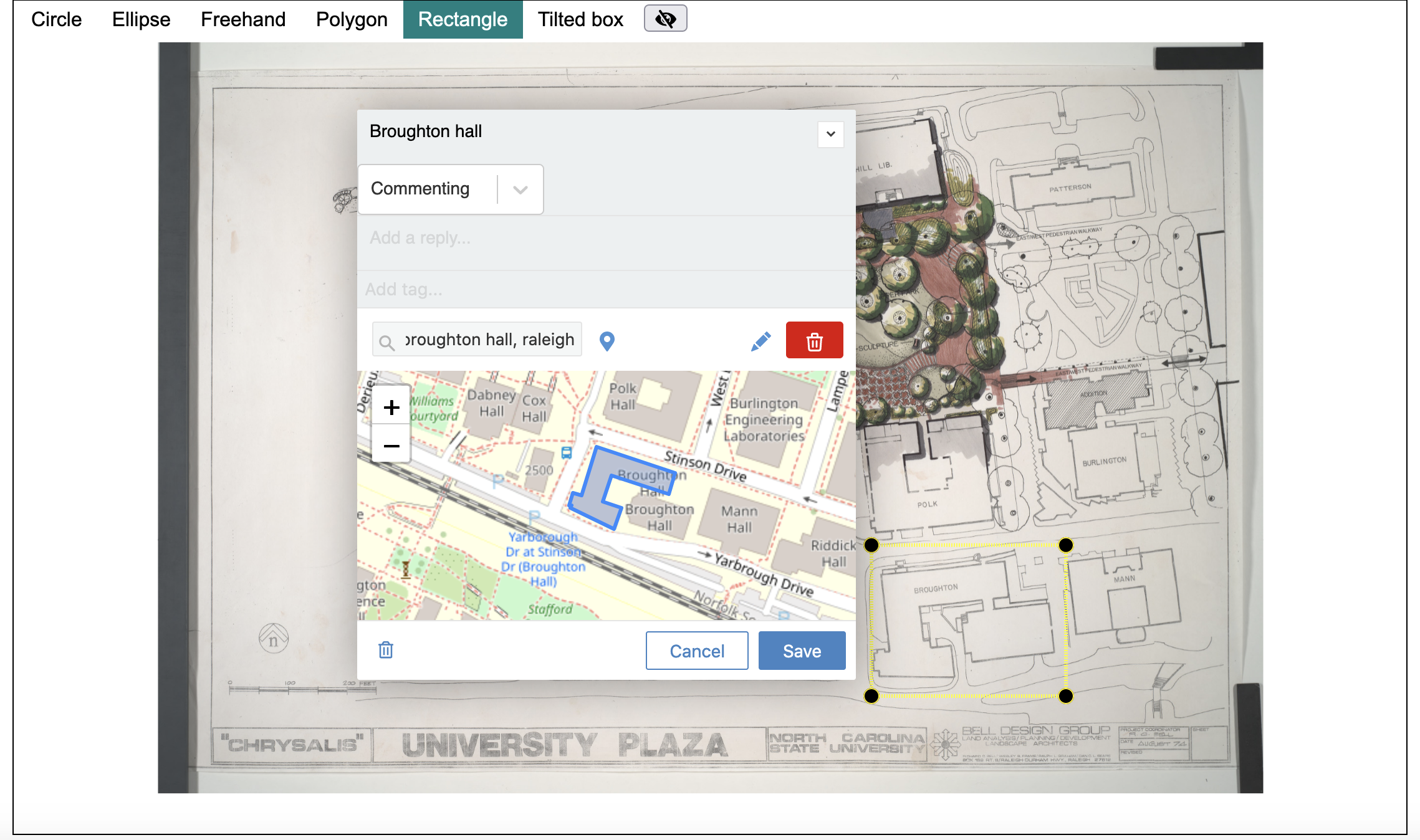 NCSU collection image showing user creating an annotation of 'broughton hall'