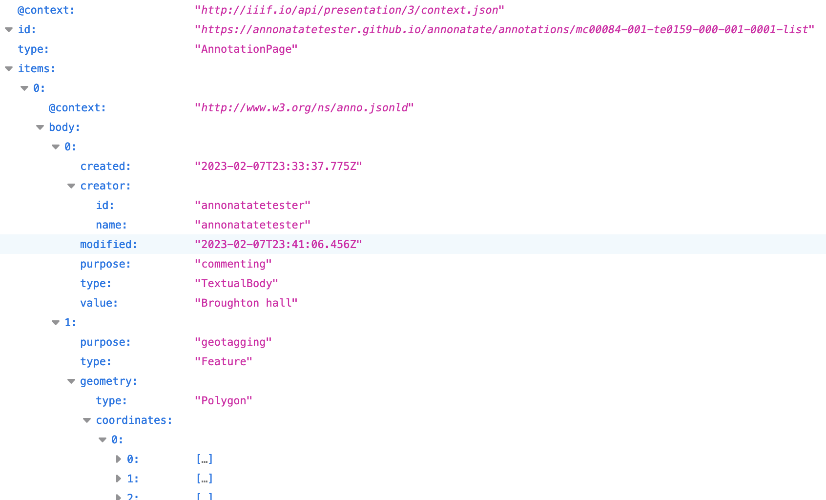 image showing JSON-LD annotation page that gets created when using Annonatate.