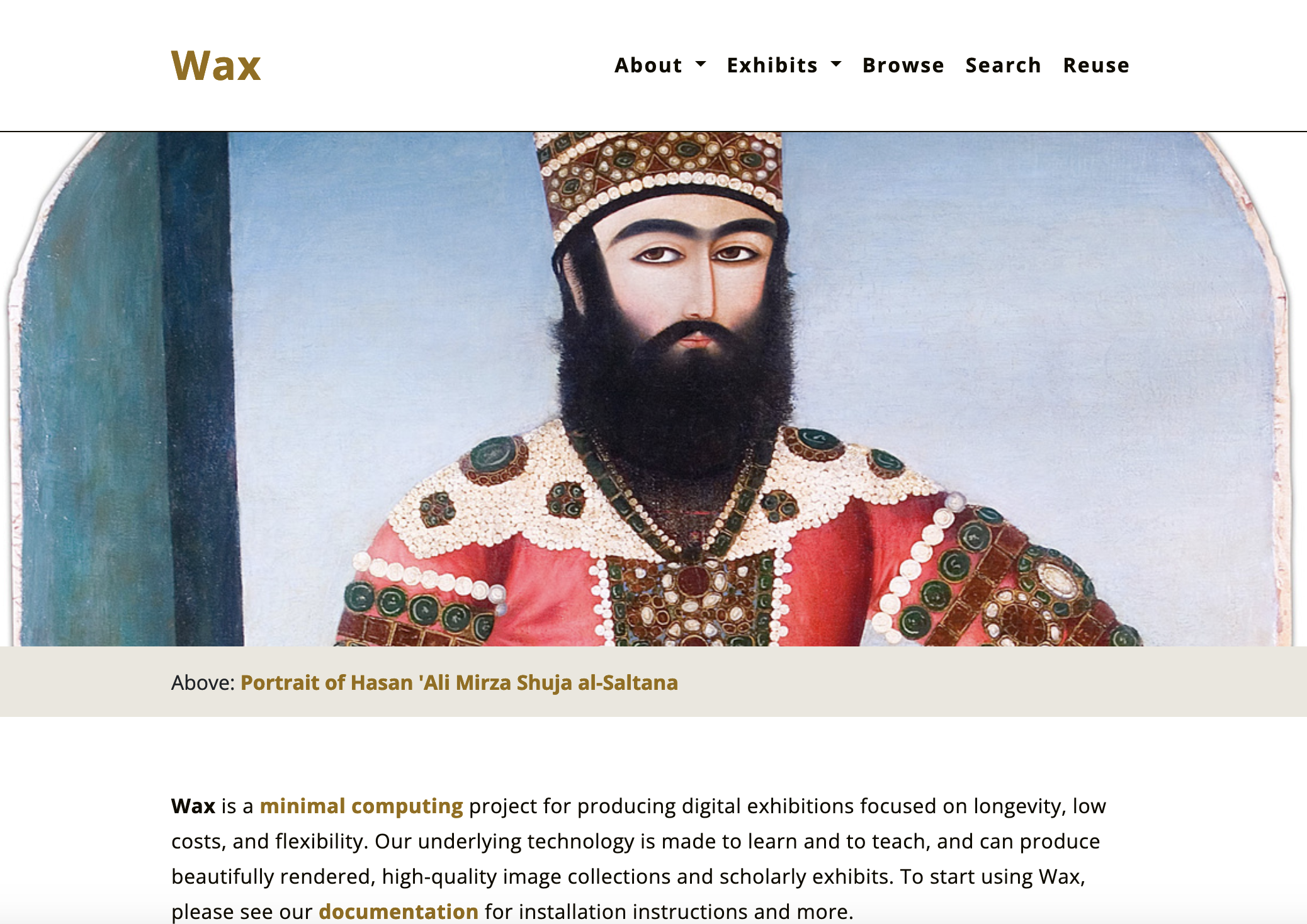 Image portrait of Hasan Ali Mirza Shuja al-Saltana and text describing Wax from homepage.