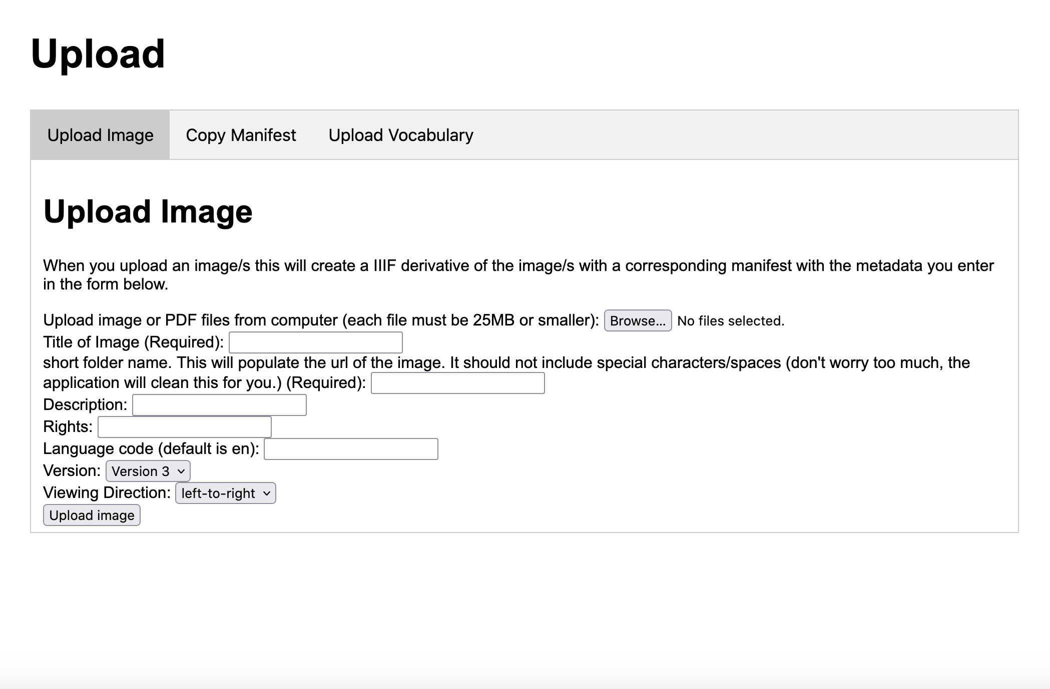 image showing upload form which includes fields for title, description, rights, etc.